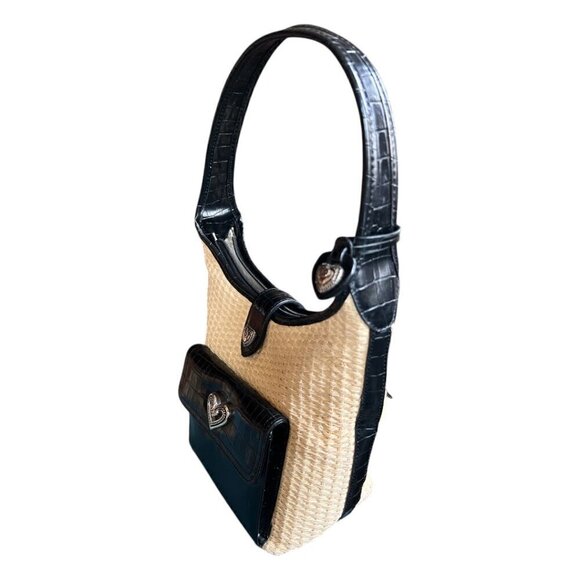 Raffa Straw & Black Crocodile Animal Print Vegan Leather Handbag Silver Hearts - Picture 10 of 13